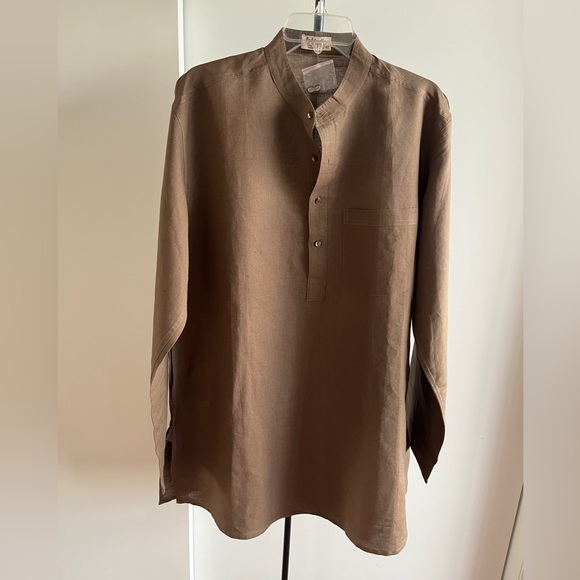 NWT FabIndia  Men’s Taupe Beige Brown Woven Linen Blend Nehru Kurta Sz 42 XL - Picture 2 of 7